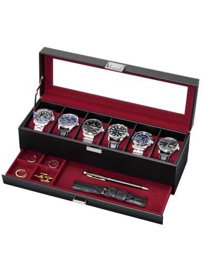 Lolalet 6-Slot Watch Case for Men, Mens Jewelry Box with Glass Lid -Winered | Watch & Jewelry Box with Drawer, Easy-Clean PU Leather, Soft Removable Pillow, Home Organizer&Display, Dust-Proof, Men's Gift - color: Winered, size: 6-slot
