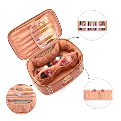 Wrangler Travel Makeup Bag 2pcs Set Cosmetic Bag with Makeup Brush Holder | Portable Make Up Organizer,Large Toiletry Bag with Divider and Handle for Women - color: Aztec-Brown