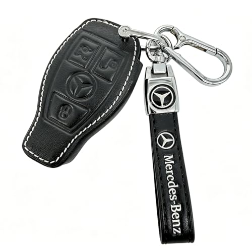 Leather Key Fob Cover for Mercedes-Benz, Full Protective Case with Metal Keychain, Compatible with LS CLK AMG CLK CLK GLC GLE GLS ML SL SLK A C E R S G Remote Key,(Style B: Black) - color: Bc_black_b