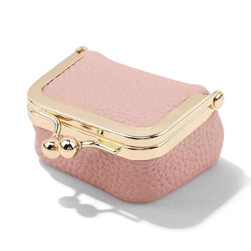 Genuine Leather Small Jewelry Travel Case with Kiss Lock, Portable Travel Jewelry Case Mini Coin Purse for Rings, Earrings, Pendants, Necklaces, Mini Jewelry Box for Girls Women(Pink) - color: Pink
