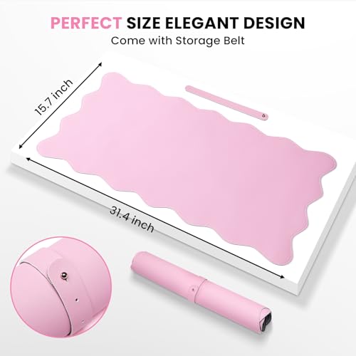 PU Leather Desk Pad, Scalloped Non-Slip Mouse Pad & Large Desk Mat Cover Stitched Edges Writing Pad for Office, Home - Waterproof, Easy to Clean, Durable Surface I 31.4"x15.7", Pink - color: Pink