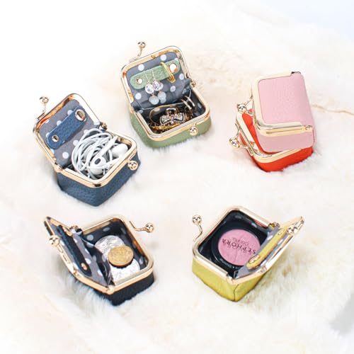 Genuine Leather Mini Jewelry Box Coin Purse for Women,Solid Color Kiss Lock Jewelry Case Organizer,Mini Travel Ring Box - color: Yellow