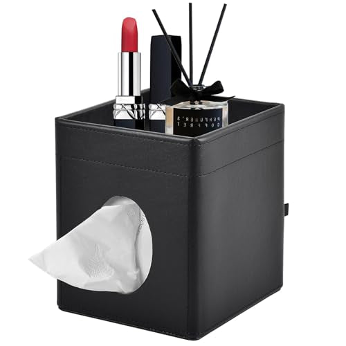 Tissue Box Cover Square Tissue Box Holder PU Leather Facial Tissues Organizer with Storage Tray for Bathroom Vanity Bedroom Office Car, Stylish Napkin Caddy Decorative Organizer (Black) - color: Black
