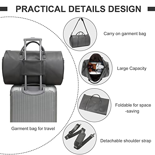 Garment Bags for Travel, 45L Carry-On Convertible Duffle with Strap | 2-in-1 hanging suit bag converts to duffel, shoe compartment, waterproof PU leather, wrinkle-free, detachable strap - color: C-Grey