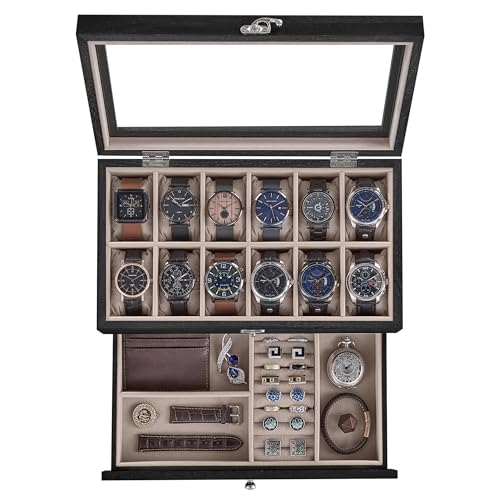 SONGMICS 12-Slot Watch Box, 2-Tier Watch Display Case with Large Glass Lid, Removable Pillows, Velvet Lining, Jewelry Box, Gift Idea, Ebony Black UJOW012B01 - color: Ebony Black, size: 2 Layer 12 Slot