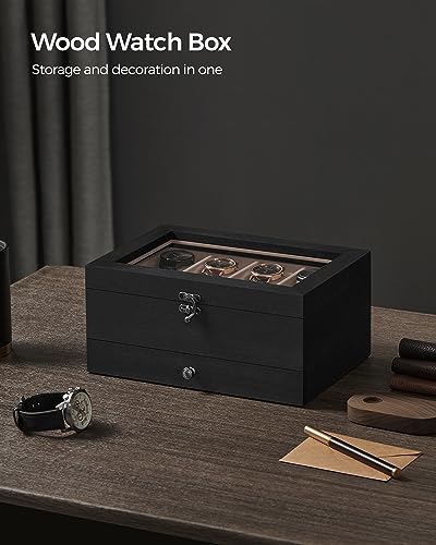 SONGMICS 8-Slot Watch Box, 2-Tier Watch Display Case with Large Glass Lid, Removable Pillows, Velvet Lining, Jewelry Box, Gift Idea, Ebony Black UJOW008B01 - color: Ebony Black, size: 2 Layer 8 Slot