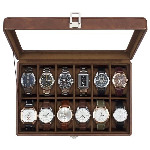 GUKA Watch Case, 12 Slot Watch Box with Large Real Glass Lid, Watch Organizer with Removable Watch Pillow, Brown Retro Synthetic Leather Watch Display, Brown - color: Brown+Brown, size: 12 Slot