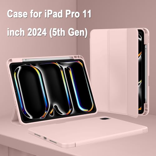 iPad Pro 11 Inch Case (M5) 2025/ (M4) 2024 (Model: A2836/A2837/A3006), Trifold Stand Smart Cover with Pencil Holder and Soft TPU Back, Auto Wake/Sleep (Rose Pink) - color: Rose Pink