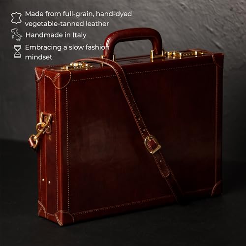 Time Resistance Leather Attache Case - Full Grain Italian Leather Briefcase - Laptop Bag up to 15” - Hard Case with Lock