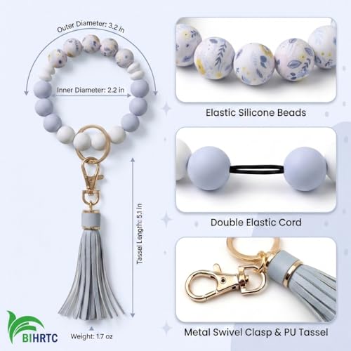 BIHRTC Key Ring Bracelet Car Keychain Holder Wristlet Silicone Women Beaded Bangle Chains - color: Pink Floral