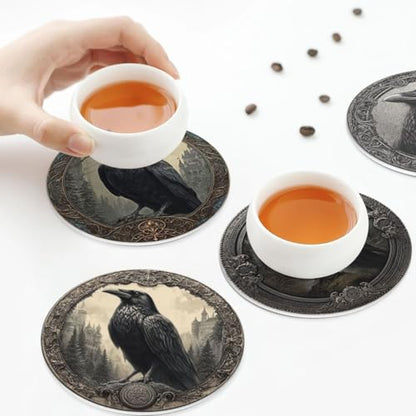 Raven Coasters for Drinks with Holder Round Leather Coasters Set of 6 Cups Mugs Mat Pad for Home Kitchen Bar - color: Raven