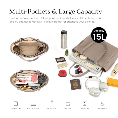 befen Genuine Leather Work Tote Bag for Women with 15" Compartment | Real Leather, 15" Laptop Sleeve, Trolley Strap, Zipper, Cup Holder - color: Taupe