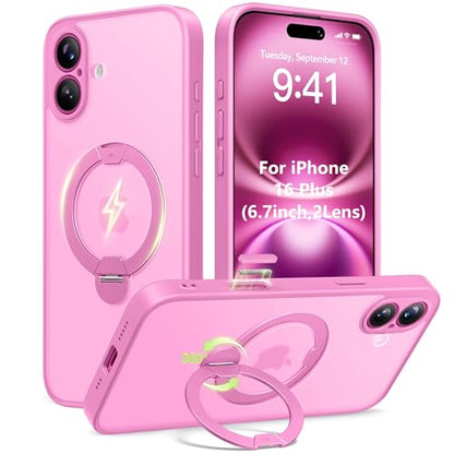Magnetic Unbreakable Stand for iPhone 16 Plus Case, [Wireless Charging] [Anti-Slip] [Military-Grade Protection] [Compatible with MagSafe] Slim Translucent Matte Phone Cover 6.7 inch, Rose Pink - color: Pink, size: iPhone 16 Plus (6.7Inch,2 Lens)