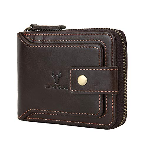 MING CLAN Leather RFID Blocking Bifold Wallet For Men With Zipper, Flap ID Window Zip Coin Pocket, Big Capacity Credit Card Holder For Travel - color: Coffee