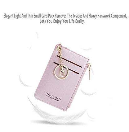 Small Wallets for Women Slim Leather Card Case Holder Wallet Coin Change Purse with Keychain - color: Pearized Pink