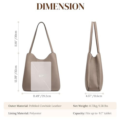S-ZONE Soft Genuine Leather Tote Bag for Women, Shoulder Handbag Purses | Top Grain Pebbled Cowhide Leather, Fits 9.7" Pad, Multi Compartments, Bottom Metal Rivets, for Work Travel Daily - color: Khaki