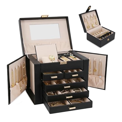 Jewelry Box with Travel Case, PU Leather 5-Layer Jewelry Organizer with Mirror & Lock, Velvet Lining Jewelry Storage for Women, Dresser Top Portable Jewelry Case, Gift for Women (Black) - color: Black