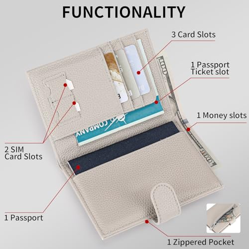 Passport Holder Wallet for Women,RFID Blocking Zippered Coins Pocket and Cash Slot Slim Compact Travel Wallet Passport Cover Case - color: Grey