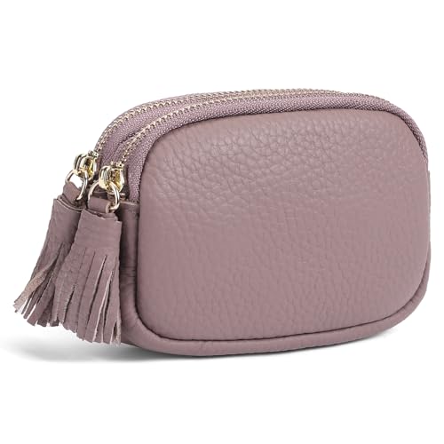 SENDEFN Coin Purse Keychain Small Genuine Leather Women Wallet 2 Zippers Around Key Ring Change Pouch Cash Holder - color: 3-Pink