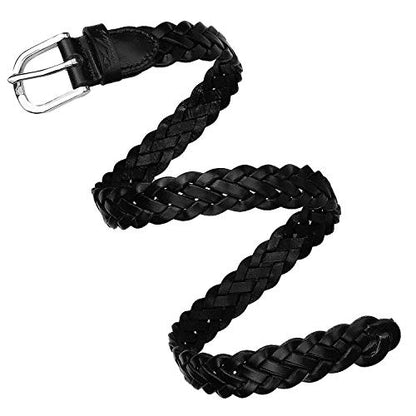 Falari Women's Leather Braided Belt Stainless Steel Buckle - color: Black, size: L 38-40 (fit waist 36-38)