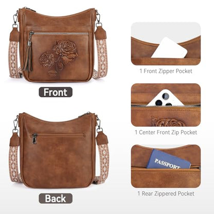 Medium Crossbody Bags for Women,Vegan Leather Hobo Purses Embossed | Women's Shoulder Handbags with Adjustable Boho Strap for Daily Travel Lightweight Cross body Purses with Multi Pockets - color: 02-brown