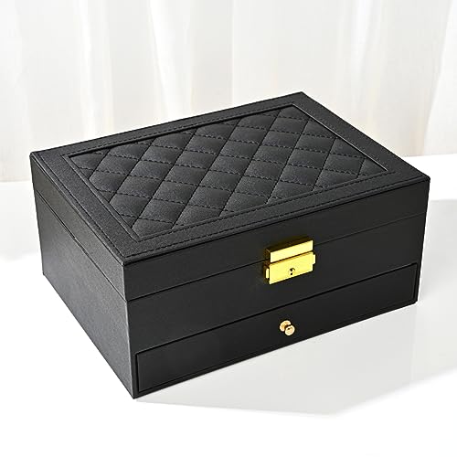 GUOER Jewelry Box for Women Girls, Two Layers Jewelry Organizer (Black) | Vintage Quilted Stitching PU Leather, Earrings Bracelets Rings Necklace Watches Storage Large Jewellery Holder Case Gifts - color: Black