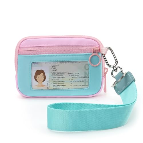 The Iris Wallet Zipper Mini Coin Purse Keychain ID Holder Wallet | Zip Card Case with ID Window Purses for Women Mini Portable Keychain Wallet, Blue and Pink with Lanyard - color: Blue and Pink