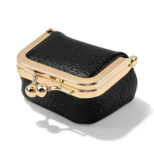 Genuine Leather Mini Jewelry Box with Kiss Lock, Portable Travel Jewelry Case Coin Purse for for Rings, Earrings, Pendants, Necklaces, Small Organizer Box for Girls Women(Black) - color: Black