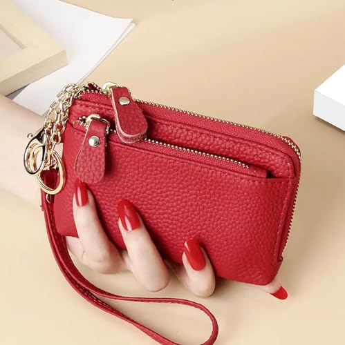 Women Genuine Real Leather Coin Purse with Hand Strap. 3 Zipper Small Wallet Wristlet with 3 credit cards slots Holder - Red - color: #13 Red
