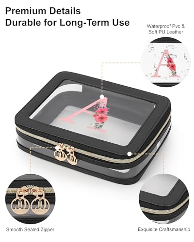Relavel Personalized Initial Clear Makeup Bag, PU Leather Waterproof Travel Toiletry Bag with Zipper, Portable Skincare Pouch Car Organizer Bag, Idea Gifts for Women Girls, Black N - size: Medium, style: N