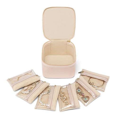 VLANDO Travel Jewelry Case with 6 Clear Velvet Zipper Pouches,Pink | Travel Essentials,Transparent Bags,Rings,Necklaces Storage,Carry-On Packing Women,Girl,Birthday,Wedding Gift - color: E.6Pcs-Pink