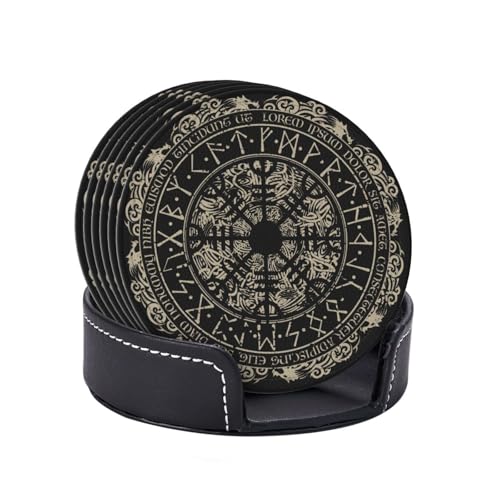 Black Viking Magical Leather Drinks Coasters with Holder, Set of 6, Suitable for Various Cups - color: Black Viking Magical