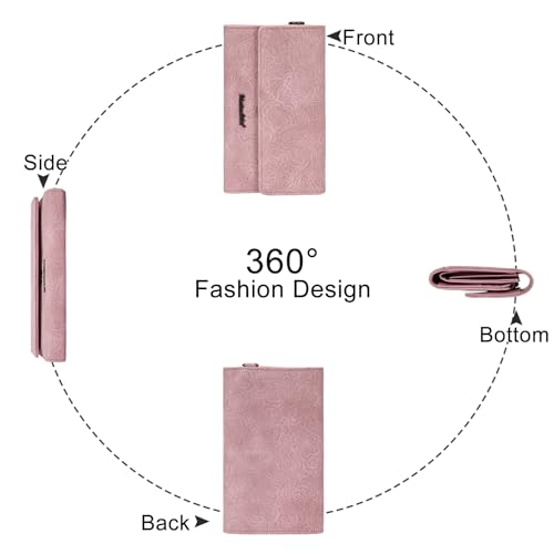 Montana West Women Wallet Trifold Large Capacity Phone Wristlet Travel Credit Card Cash Wallets with Coin Purse and Wrist Strap - color: Pink