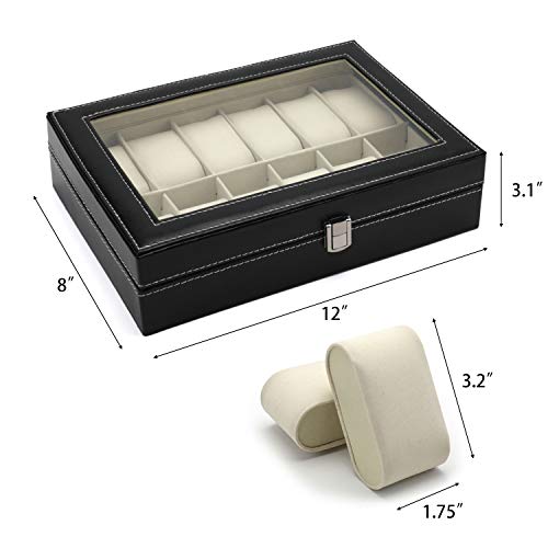 12 Slot Leather Watch Box Display Case Organizer with Framed Glass Lid Elegant Contrast and Removable Pillow for Men and Women Watch and Jewelry Large Holder Boxes