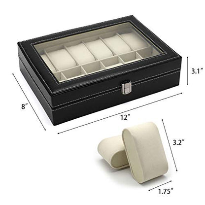 12 Slot Leather Watch Box Display Case Organizer with Framed Glass Lid Elegant Contrast and Removable Pillow for Men and Women Watch and Jewelry Large Holder Boxes