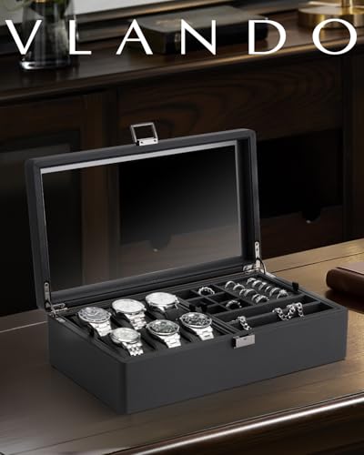 VLANDO 6-Slot Watch Box for Men, Lockable 2-Layer Organizer with Glass Lid, Textured Leather Case for Watches, Rings, Bracelets and Glasses, Gift for Husband or Dad - color: Black-1 Layer