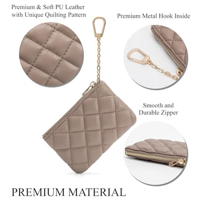 Quilted Faux Leather Coin Purse with Keychain - Small Coin Pouch Key Pouch Small Card Holder Keychain Wallet Change Purse for Women and Men (Khaki) - color: Khaki