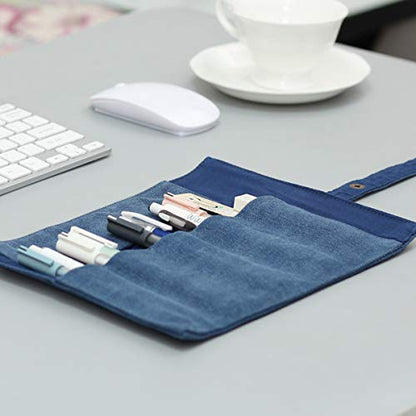Enyuwlcm Canvas Stationery Handmade Foldable Rollup Pencil Case Travel Pen Holder Wrap Blue - color: Blue, size: 1