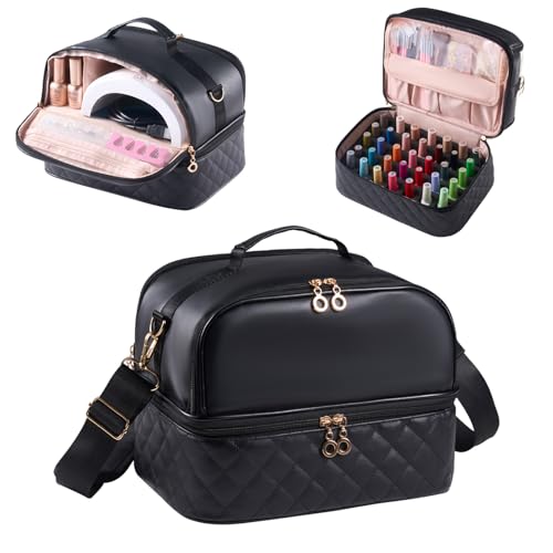 CTWWFS Nail Polish Organizer Holds 35 Bottles & Nail Lamp, Nail Organizers and Storage, Double Layer Nail Bag with Handle & Shoulder Strap for Travel, Nail Supplies Organizer for Manicure Kit (Black) - color: Black (35Bottles）