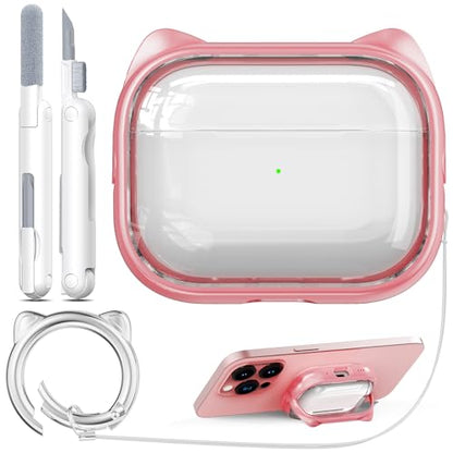 AirPods Pro Case for Women Girly Cat Case Transparent Pink | with Lock, Phone Stand, Keychain & Cleaner Kit, Compatible with Apple Airpods Pro 2nd/1st Generation Case Cover - color: TL-Pink Clear, size: AirPods Pro 2 Case