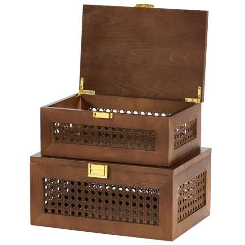 2PCS Decorative Rattan Storage Box Basket with Lid Wooden Frame | Solid Wood Woven Wicker Bins, Jewelry Keepsake Container, Boho Decor, Desk Shelf Closet Organizer, Walnut, Small & Large - color: Walnut, size: Set of 2 (1 Large 1 Small)