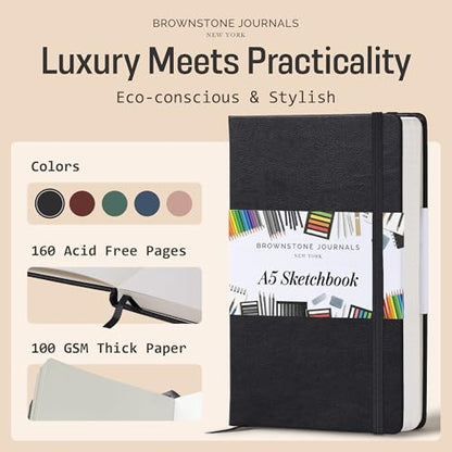 BROWNSTONE JOURNALS A5 Sketch Book Hardcover - 80 Sheets 100 GSM Paper | 5" x 8", Lay Flat, Vegan Leather Cover, Elastic Band, Back Pocket, Compact Art Drawing Book for Adults & Students - color: Charcoal Black, size: A5 (5" x 8")