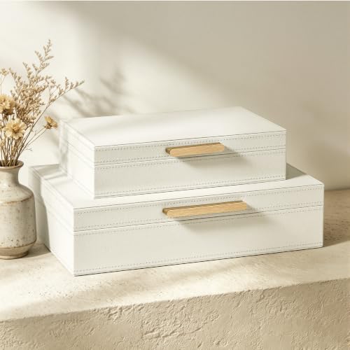 JARLINK Decorative Storage Boxes with Lids, PU Leather Bins, 2 Pack, White | Elegant Keepsake & Memory Boxes for Photos, Documents & Remotes, Premium PU Leather Organizers for Bookshelf & Home Decor - color: Off White