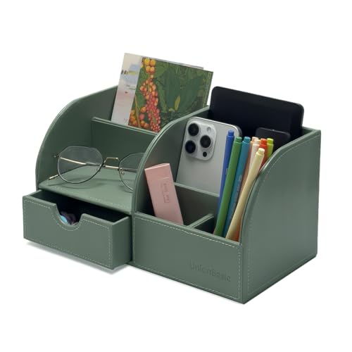 UnionBasic Desk Organizer - Multifunctional Leather Desktop Pen Holder Storage Box - Business Card/Pen/Pencil/Mobile Phone/Stationery Holder, Malachite Green - color: Malachite Green
