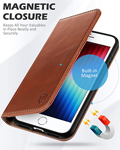 SHIELDON Genuine Leather Case Wallet for iPhone SE 2022/2020, Retro Brown | Magnetic Closure, RFID Blocking, Credit Card Slot, Kickstand, Flip Book Design, Shockproof Phone Cover - color: Brown - Retro