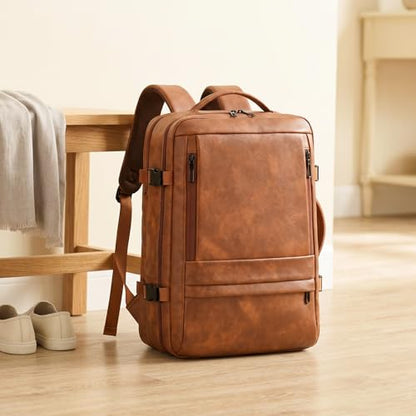 Travel Backpack Women, PU Leather Carry On Backpack Flight Approved, Brown - color: Brown
