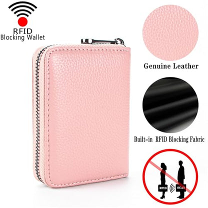 Suweibuke Genuine Leather Credit Card Holder Zipper Wallet RFID Blocking Secure Card Case ID Case Organizer (Pink) - color: Pink