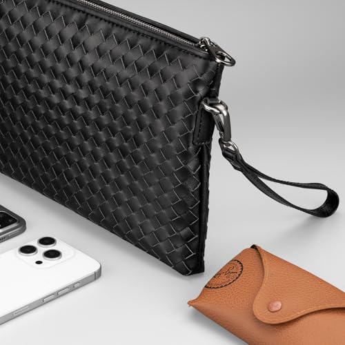 Men's Wallet Leather-Woven Men's Handbag Soft Envelope Clutch Business-Chic Horizontal Style for Men - color: Black