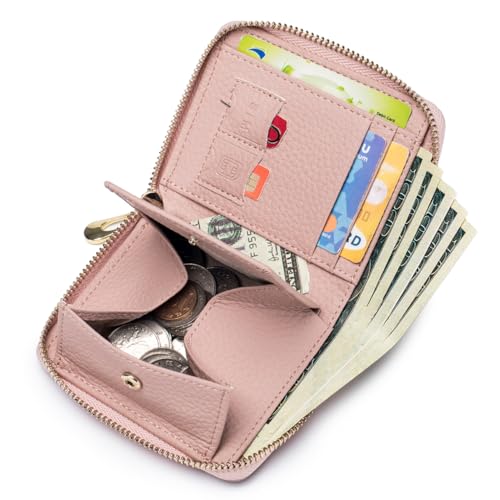 RFID Blocking Small Wallet for Women, Cute and Zip Around | Mini Genuine Leather Wallet with Coin Pocket & Card Slots, Compact Gift Wallet for Women and Everyday Carry (Blush Pink) - color: Blush Pink