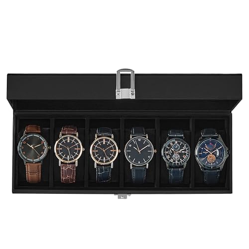 SONGMICS Watch Box, 6-Slot Watch Case with Large Glass Lid | Removable Pillows, Black PU Leather, Black Lining, Gift for Loved Ones, BRIDIE Collection UJWB06B01 - color: Black + Black, size: 6 Slot